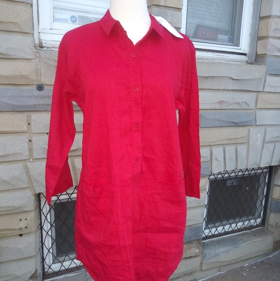 🆕Eileen Fisher | Organic Linen Longline Red Dress Size Womens MEDIUM Petite - Picture 1 of 7